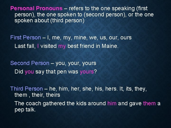 Personal Pronouns – refers to the one speaking (first person), the one spoken to