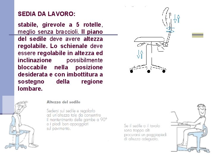 SEDIA DA LAVORO: stabile, girevole a 5 rotelle, meglio senza braccioli. Il piano del