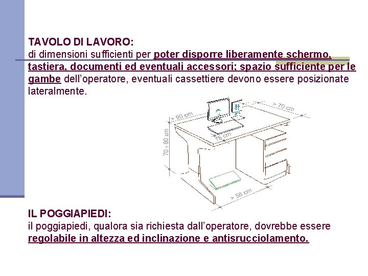 TAVOLO DI LAVORO: di dimensioni sufficienti per poter disporre liberamente schermo, tastiera, documenti ed