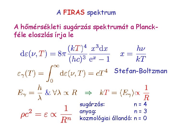 A FIRAS spektrum A hőmérsékleti sugárzás spektrumát a Planckféle eloszlás írja le Stefan-Boltzman sugárzás: