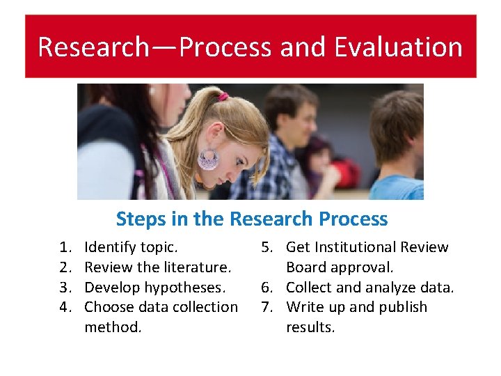 Research—Process and Evaluation Steps in the Research Process 1. 2. 3. 4. Identify topic.