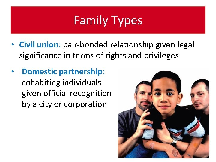 Family Types • Civil union: pair-bonded relationship given legal significance in terms of rights