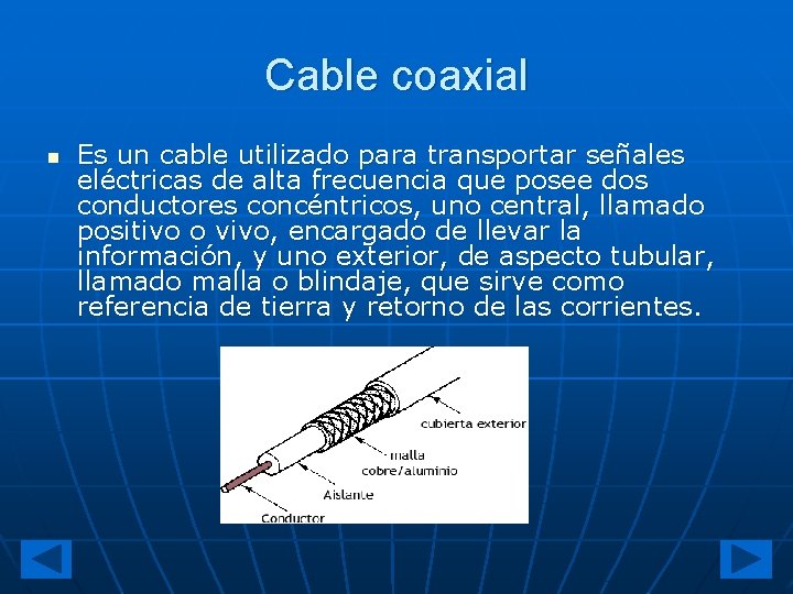 Cable coaxial n Es un cable utilizado para transportar señales eléctricas de alta frecuencia