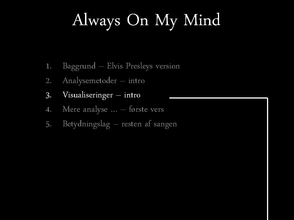 Always On My Mind 1. 2. 3. 4. 5. Baggrund – Elvis Presleys version Always On My Mind 1. 2. 3. 4. 5. Baggrund – Elvis Presleys version