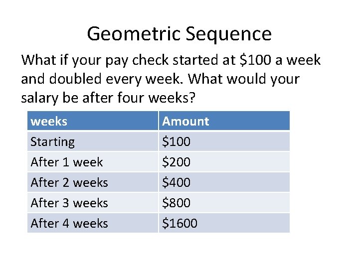 Geometric Sequence What if your pay check started at $100 a week and doubled