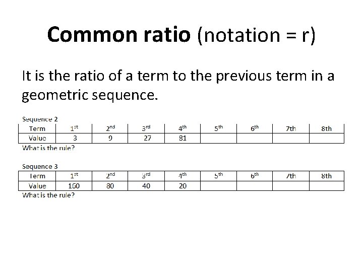 Common ratio (notation = r) It is the ratio of a term to the