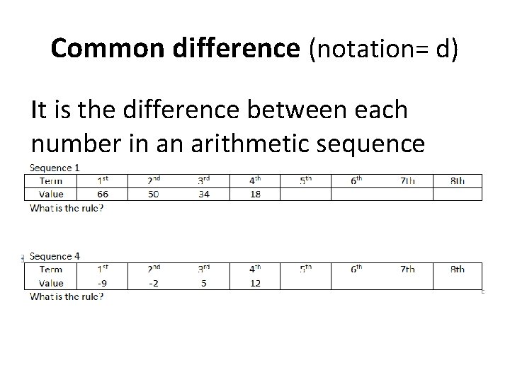 Common difference (notation= d) It is the difference between each number in an arithmetic