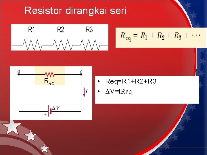 Resistor dirangkai seri Req • Req=R 1+R 2+R 3 • ΔV=IReq 