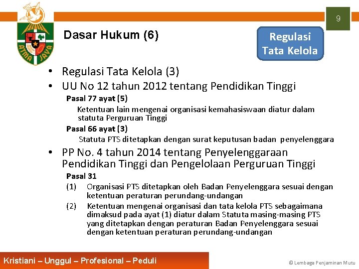 9 Dasar Hukum (6) Regulasi Tata Kelola • Regulasi Tata Kelola (3) • UU