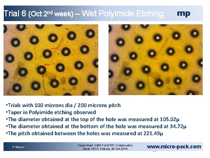 Trial 6 (Oct 2 nd week) – Wet Polyimide Etching mp • Trials with