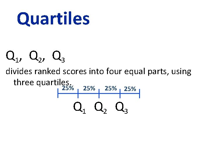 Quartiles Q 1, Q 2, Q 3 divides ranked scores into four equal parts,