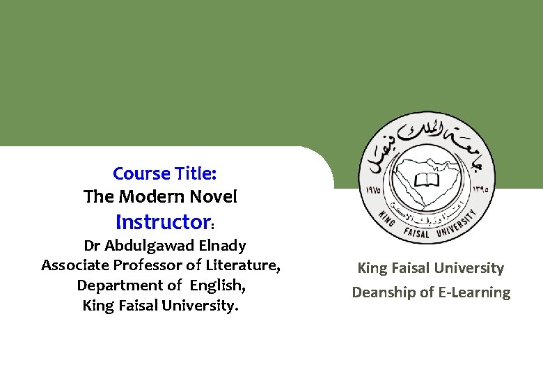 Course Title: The Modern Novel Instructor: Dr Abdulgawad Elnady Associate Professor of Literature, Department