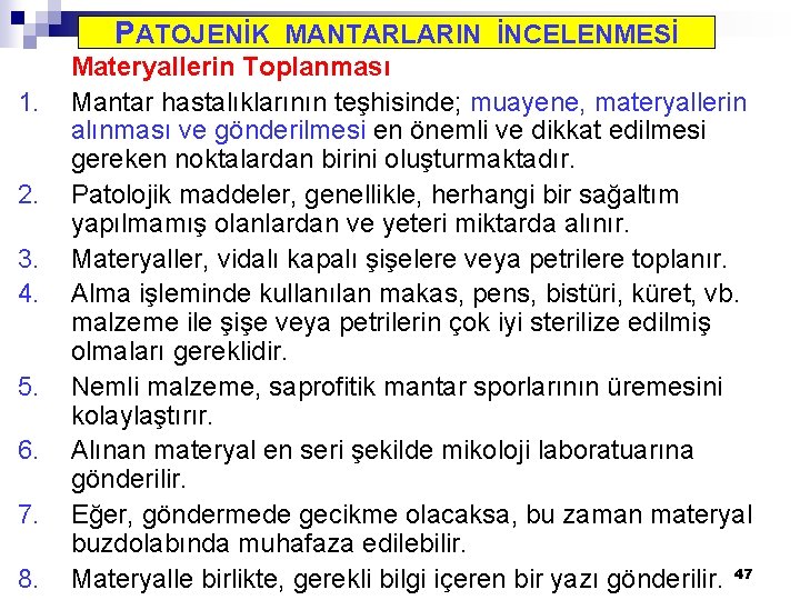 PATOJENİK MANTARLARIN İNCELENMESİ 1. 2. 3. 4. 5. 6. 7. 8. Materyallerin Toplanması Mantar