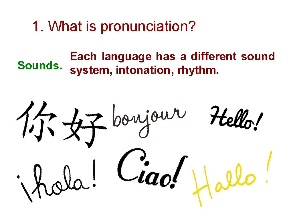 1. What is pronunciation? Each language has a different sound Sounds. system, intonation, rhythm.