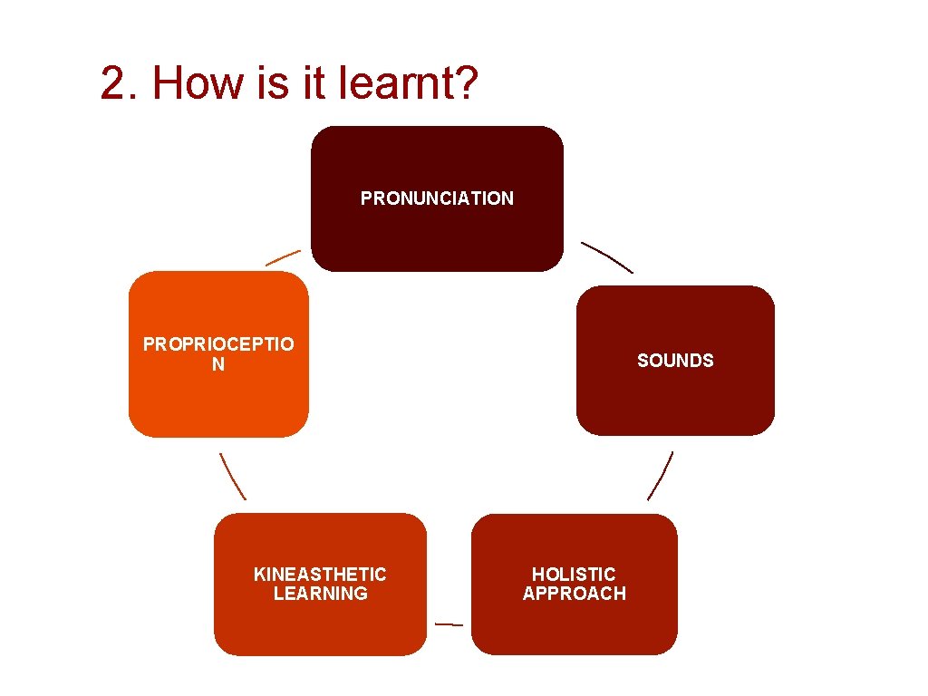 2. How is it learnt? PRONUNCIATION PROPRIOCEPTIO N KINEASTHETIC LEARNING SOUNDS HOLISTIC APPROACH 