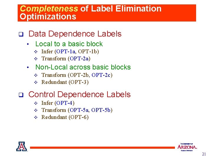 Completeness of Label Elimination Optimizations q Data Dependence Labels • Local to a basic
