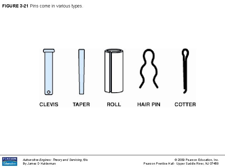 FIGURE 3 -21 Pins come in various types. Automotive Engines: Theory and Servicing, 6/e