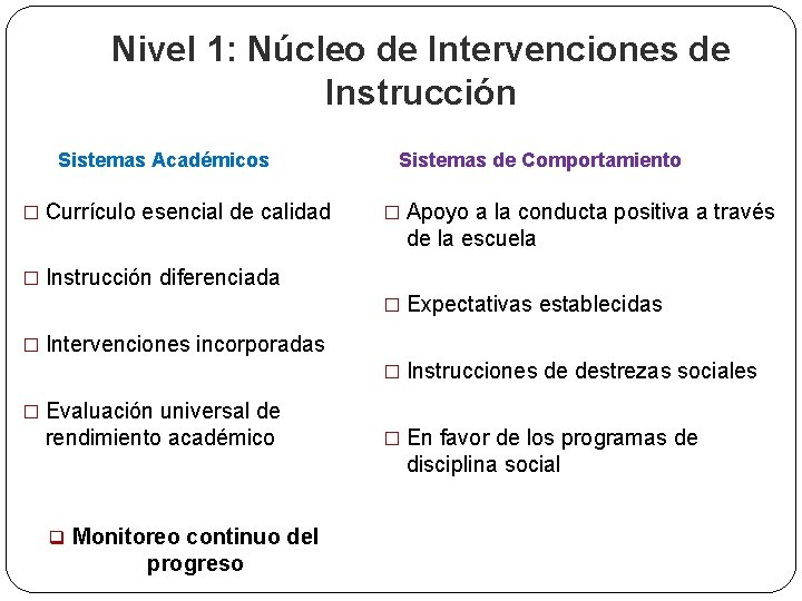 Nivel 1: Núcleo de Intervenciones de Instrucción Sistemas Académicos � Currículo esencial de calidad