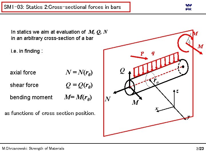SM 1 -03: Statics 2: Cross-sectional forces in bars In statics we aim at