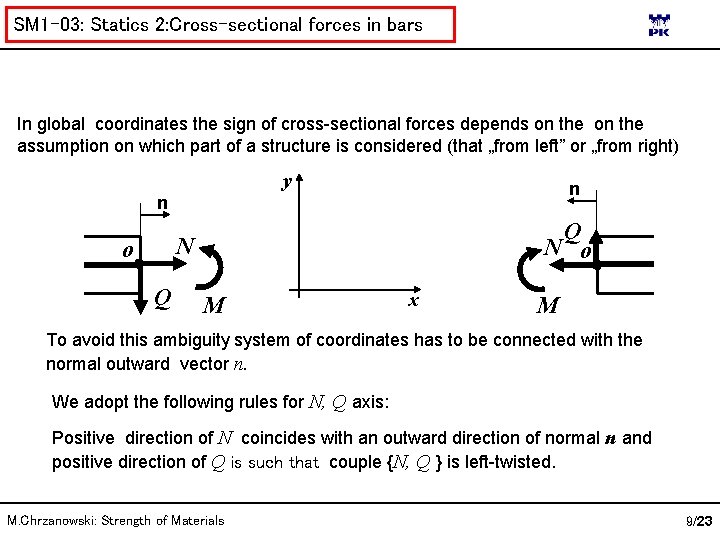 SM 1 -03: Statics 2: Cross-sectional forces in bars In global coordinates the sign