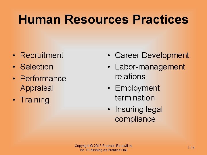 Human Resources Practices • Recruitment • Selection • Performance Appraisal • Training • Career