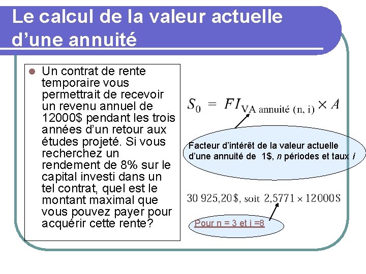 Le calcul de la valeur actuelle d’une annuité l Un contrat de rente temporaire