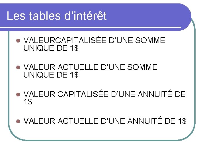 Les tables d’intérêt l VALEURCAPITALISÉE D’UNE SOMME UNIQUE DE 1$ l VALEUR ACTUELLE D’UNE