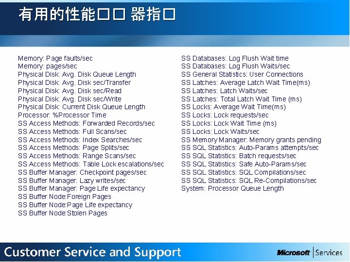 有用的性能�� 器指� Memory: Page faults/sec Memory: pages/sec Physical Disk: Avg. Disk Queue Length Physical