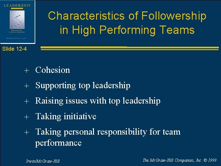 Characteristics of Followership in High Performing Teams Slide 12 -4 + Cohesion + Supporting