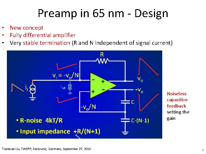Preamp in 65 nm ‐ Design • New concept • Fully differential amplifier •