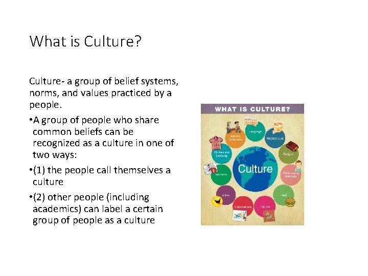 What is Culture? Culture- a group of belief systems, norms, and values practiced by