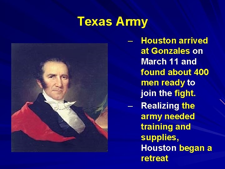 Texas Army – Houston arrived at Gonzales on March 11 and found about 400