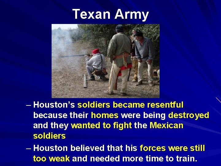 Texan Army – Houston’s soldiers became resentful because their homes were being destroyed and