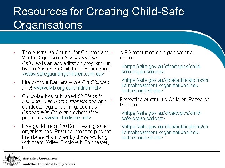 Resources for Creating Child-Safe Organisations The Australian Council for Children and • Youth Organisation’s