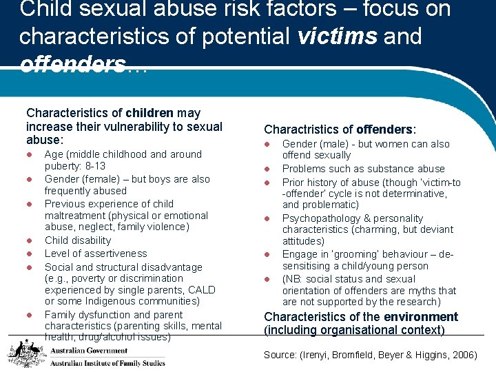 Child sexual abuse risk factors – focus on characteristics of potential victims and offenders…