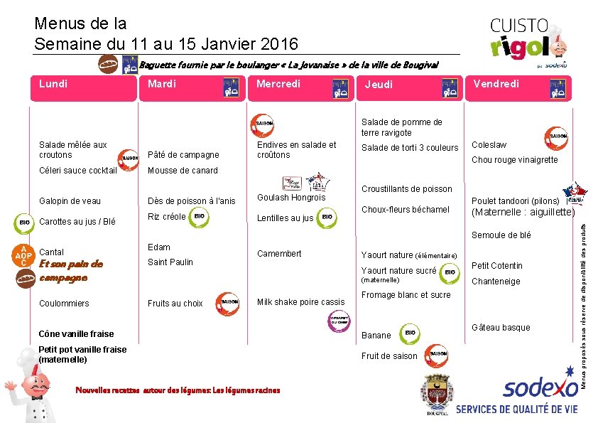 Menus de la Semaine du 11 au 15 Janvier 2016 Baguette fournie par le