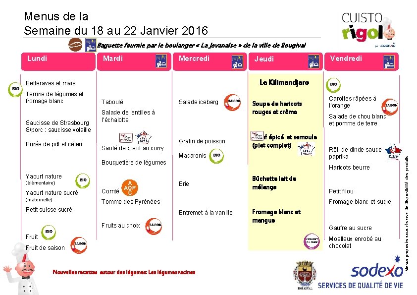 Menus de la Semaine du 18 au 22 Janvier 2016 Baguette fournie par le