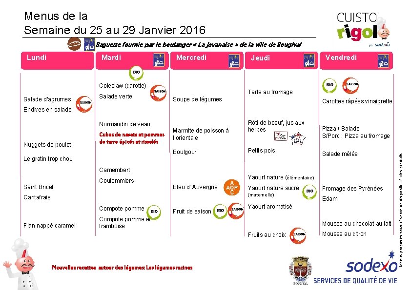 Menus de la Semaine du 25 au 29 Janvier 2016 Baguette fournie par le