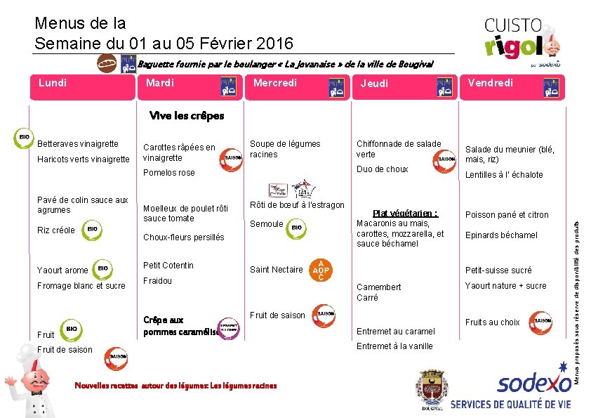 Menus de la Semaine du 01 au 05 Février 2016 Baguette fournie par le