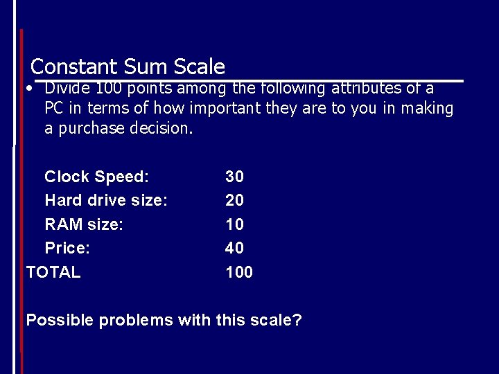 Constant Sum Scale • Divide 100 points among the following attributes of a PC