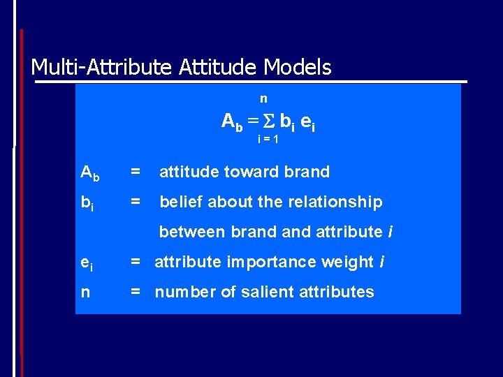 Multi-Attribute Attitude Models n Ab = b i ei i=1 Ab = attitude toward