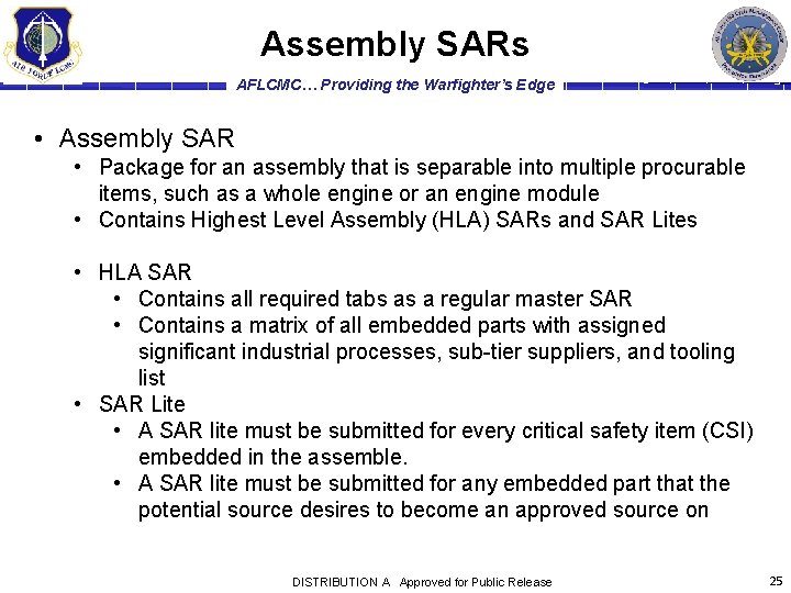 Assembly SARs AFLCMC… Providing the Warfighter’s Edge • Assembly SAR • Package for an