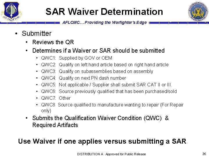 SAR Waiver Determination AFLCMC… Providing the Warfighter’s Edge • Submitter • Reviews the QR