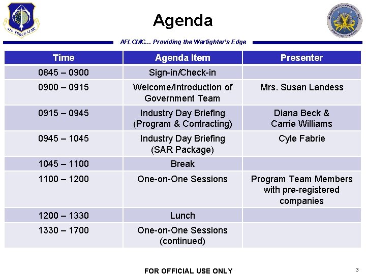 Agenda AFLCMC… Providing the Warfighter’s Edge Time Agenda Item 0845 – 0900 Sign-in/Check-in 0900