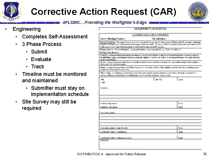 Corrective Action Request (CAR) AFLCMC… Providing the Warfighter’s Edge • Engineering • Completes Self-Assessment