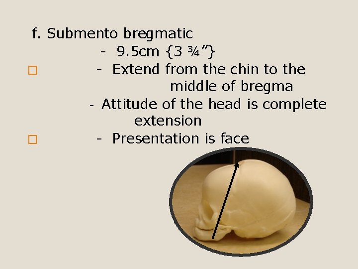 f. Submento bregmatic - 9. 5 cm {3 ¾”} � - Extend from the
