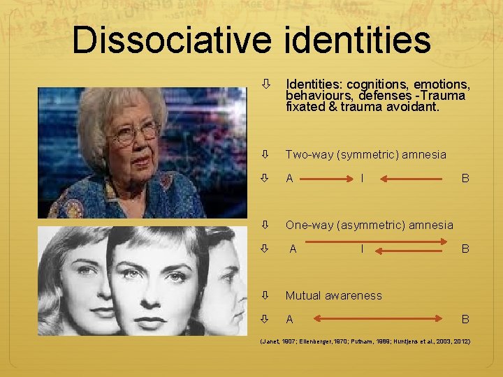 Dissociative identities Identities: cognitions, emotions, behaviours, defenses -Trauma fixated & trauma avoidant. Two-way (symmetric)