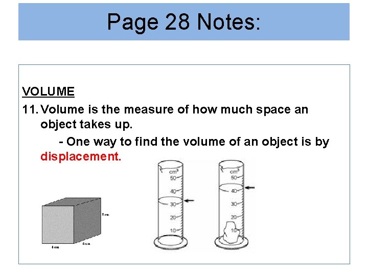 Page 28 Notes: VOLUME 11. Volume is the measure of how much space an