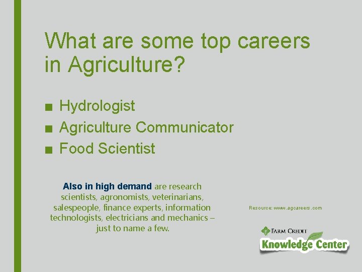 What are some top careers in Agriculture? ■ Hydrologist ■ Agriculture Communicator ■ Food