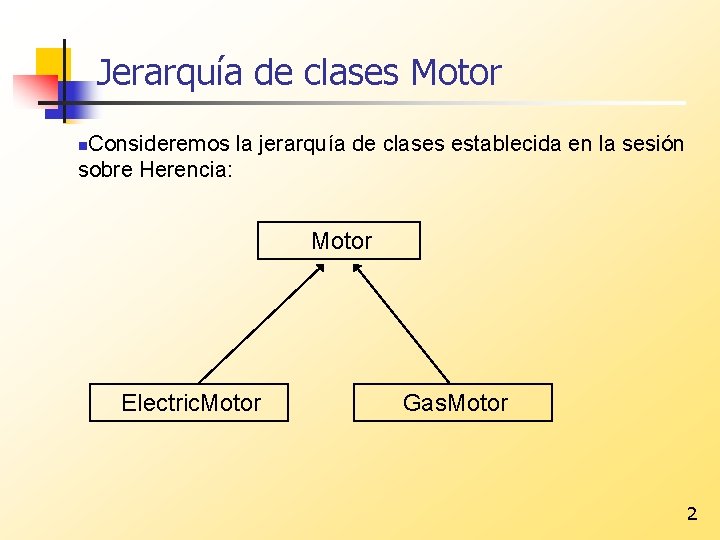 Jerarquía de clases Motor Consideremos la jerarquía de clases establecida en la sesión sobre